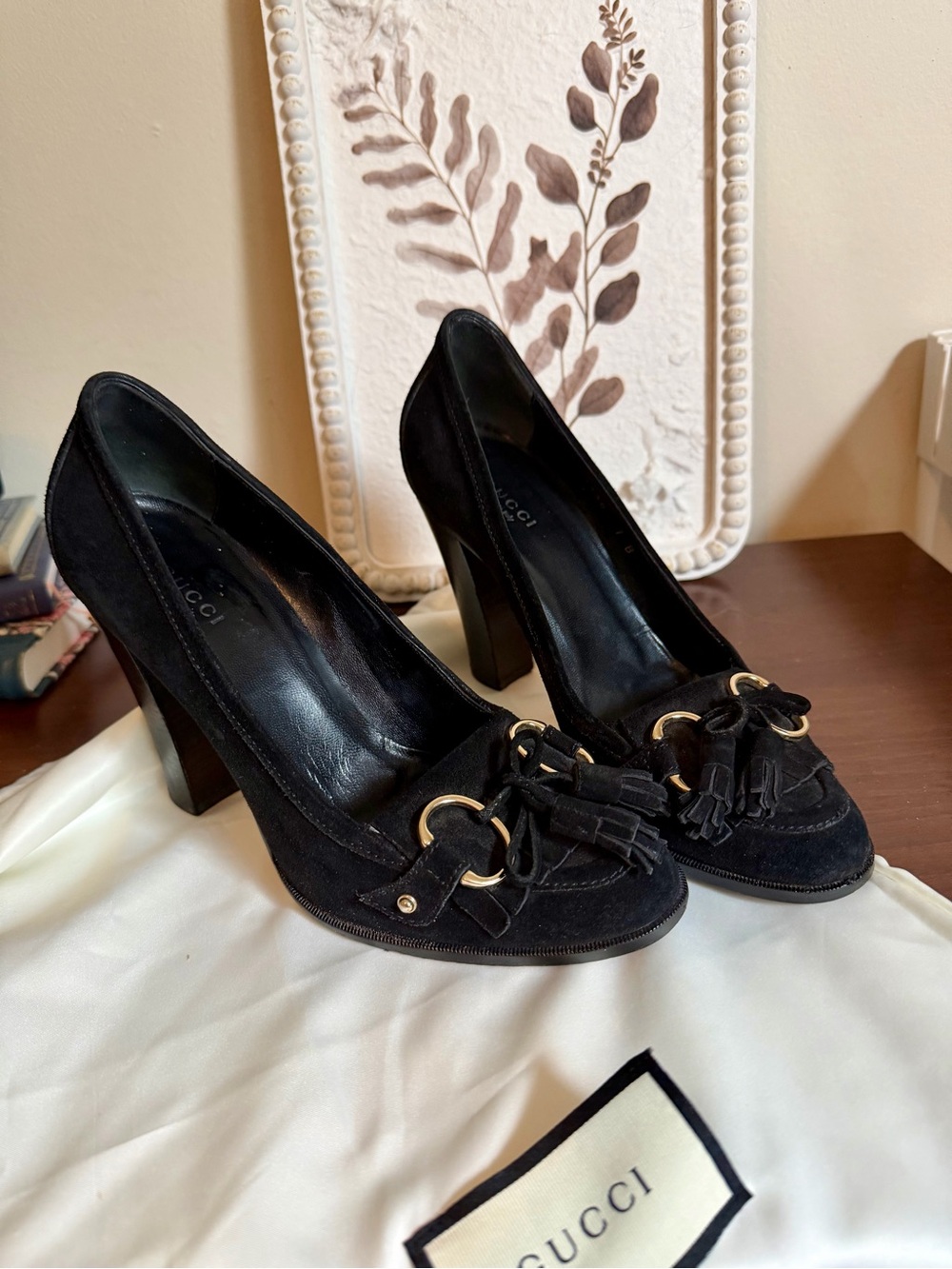 Gucci Black Suede Horse bit Tassel Block Heel Pumps